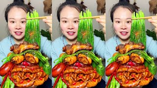 Yummy Spicy Food Mukbang Eat Braised Pork Ribs With Pig Intestines And Green Vegetables asmr food [upl. by Lidda]