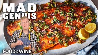 SlowRoasted Salmon With WalnutOlive Vinaigrette  Mad Genius  Food amp Wine [upl. by Anaerb]