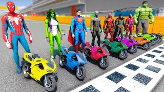 Superheroes Mini Motorcycles Racing Challenge With Hulk Iron Man Batman SpiderMan  GTA V MODS [upl. by Kentigerma]