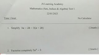 Sets Indices and Algebra Test 1  JS Learning Academy [upl. by Merna]