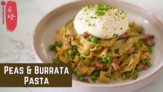 Burrata Pasta Recipe Tagliatelle with Peas amp Burrata Bacon Chanterelle Mascarpone [upl. by Nilra]