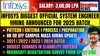 Finally Infosys Biggest System Engineer Hiring Announced 2025  OFFON Campus Hiring 20252021 Batch [upl. by Vernier796]