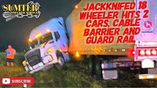 Jackknifed 18 wheeler hits 2 cars cable barrier and guard rail [upl. by Iaka]