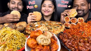 MUKBANG WITH A NEW GUEST🙏🏼 STREET FOOD PARTY PIZZA BURGER NOODLES MOMOS SHAWARMA EATING SHOW [upl. by Lechner]