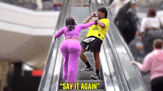 DISRESPECTFUL IM ON THE PHONE PRANK ON ESCALATORS PART 3 [upl. by Fatimah25]