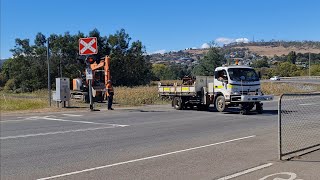 TasRail HV05 Hi Rail truck and excavator crossing Johnston Road [upl. by Merrill]