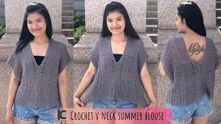 Crochet V neck summer blouse  Free written pattern for sizes XSXXL [upl. by Ennaul]