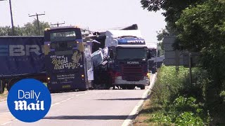 At least 15 injured in crash between bus and lorry on A47 [upl. by Neerol]