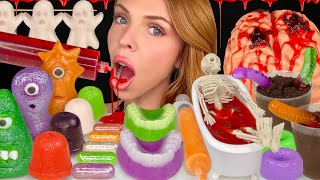 ASMR MUKBANG Halloween Treats Edible Blood Worms N Dirt Marzipan Monsters Brain Jello Food 먹방 [upl. by Anelhtak]