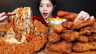 SUB치즈 불닭볶음면에 단짠바삭 허니콤보 치킨 먹방 교촌 순살 콘치즈 꽈배기까지 꿀조합 리얼사운드 Chicken amp Buldak Noodles Mukbang Asmr [upl. by Stclair]