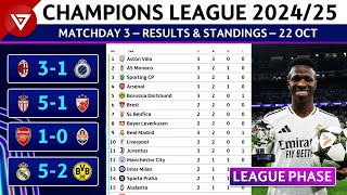 🔵 MD3 UEFA Champions League 202425 League Phase Results amp Standings Table  22 Oct 2024 [upl. by Heppman]