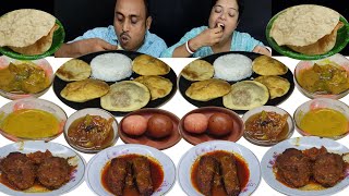 Kachori Sabji Bhat Dal Fish Curry Dhoka Curry Chatni Papad Rasgulla Pantua Eating Challenge [upl. by Eseuqcaj]