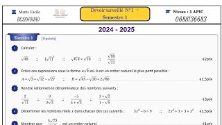 Contrôle N 1 1ère Semestre 2024  2025 3ème Année Collège Maths 3AC [upl. by Anitirhc720]