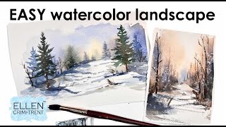 Watercolor Beginner Winter Landscape Tutorial [upl. by Lowenstern]