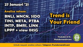 Analisa saham BNLI MNCN SIDO TINS META PTBA INTP BMRI LINK LPPF view IHSG 27 jan 2021 [upl. by Iralav]