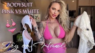 BODYSUIT Pink vs White MESH Try On Haul  EllieKarrx [upl. by Inavoig]