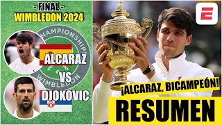 CARLOS ALCARAZ CAMPEÓN de WIMBLEDON 2024 Venció a DJOKOVIC por segundo año consecutivo  RESUMEN [upl. by Tomasina]