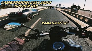 Yamaha MT07 and Lamborghini car  exhaust sounds [upl. by Dleifxam]