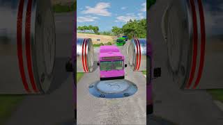 Colour Bus amp Fire Engine Trucks vs Giant Bollard Crashshortshortsbeamngdrivetruckcarbus [upl. by Lempres]