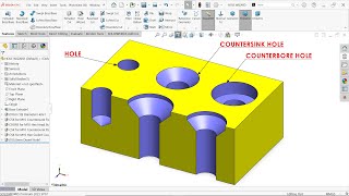 Create a Hole Using Hole Wizard in Solidworks Simple Hole Countersink Hole and Counterbore Hole [upl. by Hallutama]