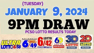 Lotto Result Today 9pm draw January 9 2024 658 649 642 6D Swertres Ez2 PCSOLotto [upl. by Nylzzaj]