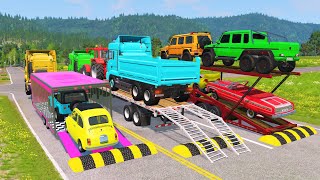 Flatbed Trailer Cars Transportation with Truck  Speedbumps vs Cars vs Train  BeamNGDrive 006 [upl. by Airaet718]