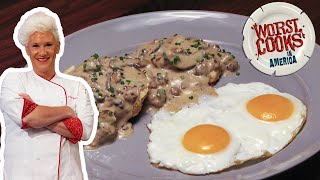 Anne Burrells Eggs amp Biscuits with SausageMushroom Gravy  Worst Cooks in America  Food Network [upl. by Analra]