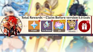 HUGE UPDATE ⚠️ NO FREE KACHINA  GENSHIN 4TH ANNIVERSARY REWARDS  PRIMOGEMS COUNT VERSION 50 [upl. by Annoed]