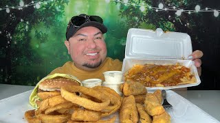 BURGER SHOP MUKBANG • Double Bacon Cheeseburger • Chili Cheese Fries • Onion Rings • Fried Zucchini [upl. by Torhert]