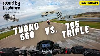 Street Triple 765 RS vs Tuono 660 chase on track  sound by LeoVince raw onboard [upl. by Ynaffets451]