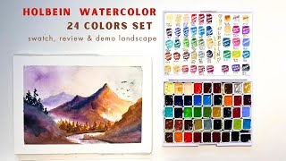 Holbein watercolor set 24 tubes swatch review and demonstration landscape [upl. by Gayle]