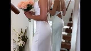 HEBEOS  Sheath Spaghetti Straps Silk like Satin Sleeveless Ruched SweepBrush Train Wedding Dresses [upl. by Anayra312]