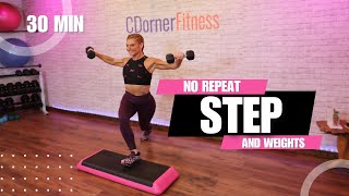 30Minute Step amp Strength NoRepeat Stepper Workout with Weights [upl. by Airtemad]