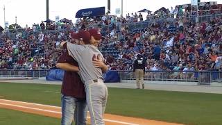 Former major league pitcher Chad Bradford throws first pitch to son [upl. by Crofoot]