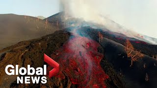 La Palma volcano Drone video shows new land formed by lava that reached sea [upl. by Demetrius31]