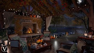 Autumn Terrace Night Ambience  Lake Firepit amp Forest Nature Sounds [upl. by Adlih]