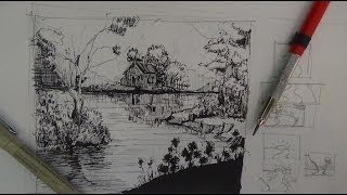 Pen amp Ink Drawing Tutorials  How to draw a river landscape scene [upl. by Suelo352]