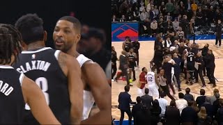 Tristan Thompson ejected for bumping Nic Claxton to floor and it gets heated 👀 [upl. by Peugia]