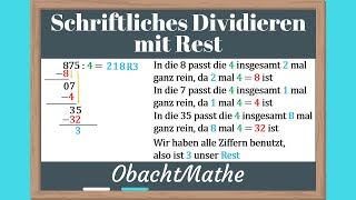 Schriftliches Dividieren mit Rest  Klasse 4 und Klasse 5  ganz einfach erklärt  ObachtMathe [upl. by Battista667]