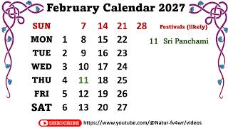 February Calendar 2027  february2027calendar [upl. by Trebornhoj]