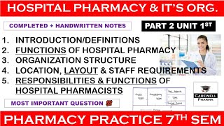 hospital pharmacy and its organization complete  Part 2 Unit 1  Pharmacy Practice 7th Semester [upl. by Arodnahs]