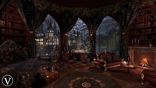 Stormy Hogwarts Library amp Study  Night Ambience  Cozy Fireplace Rain amp Thunder Sounds [upl. by Asilanom719]