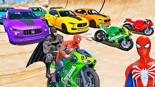 CARROS e MOTOS com HOMEM ARANHA e SUPER HERÓIS Desafio de Super Carros e MOTOS na Rampa  IR GAMES [upl. by Lyda]