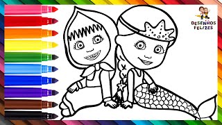 Desenhar e Colorir a Masha com uma Sereia 👧🏼🐻🧜‍♀️🌊 Desenhos para Crianças [upl. by Elahcim]