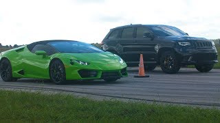 Lamborghini Huracan vs 1000 HP Jeep Trackhawk Drag Race [upl. by Anoynek]