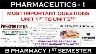 pharmaceutics 1 b pharmacy 1st semester  Pharmaceutics important questions  Carewell Pharma [upl. by Nomde]