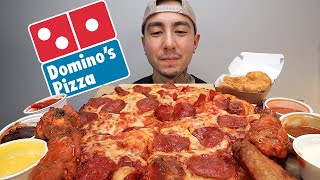 ASMR EATING DOMINOS EXTRA SAUCE PEPPERONI PAN PIZZA HOT BUFFALO WINGS MCDONALDS NUGGETS  RANCH [upl. by Ellan]