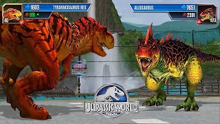 ALLOSAURUS VS T REX  JURASSIC BATTLE  JURASSIC WORLD THE GAME [upl. by Adliwa]