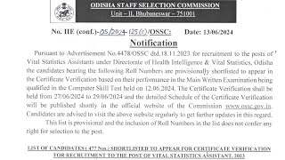 OSSC Vital Statistics Assistant 2023 Documents Verification Notification Released 2024 [upl. by Awad]