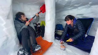 Camping in a GIANT SNOW CAVE  Survival Quinzee under 20ft of Snow [upl. by Akemet]